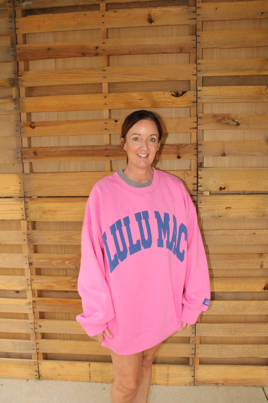 Pink With Blue Letters Lulu Mac Crewneck