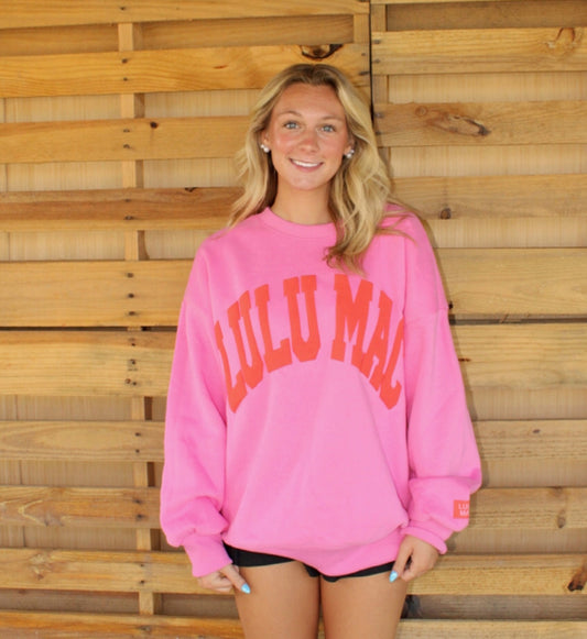 Pink Lulu Mac Crewneck with Orange Letters