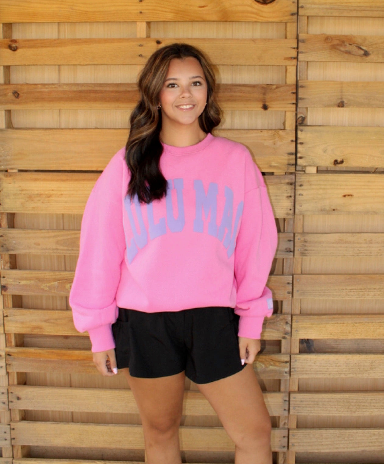 Pink Lulu Mac Crewneck with Purple Letters