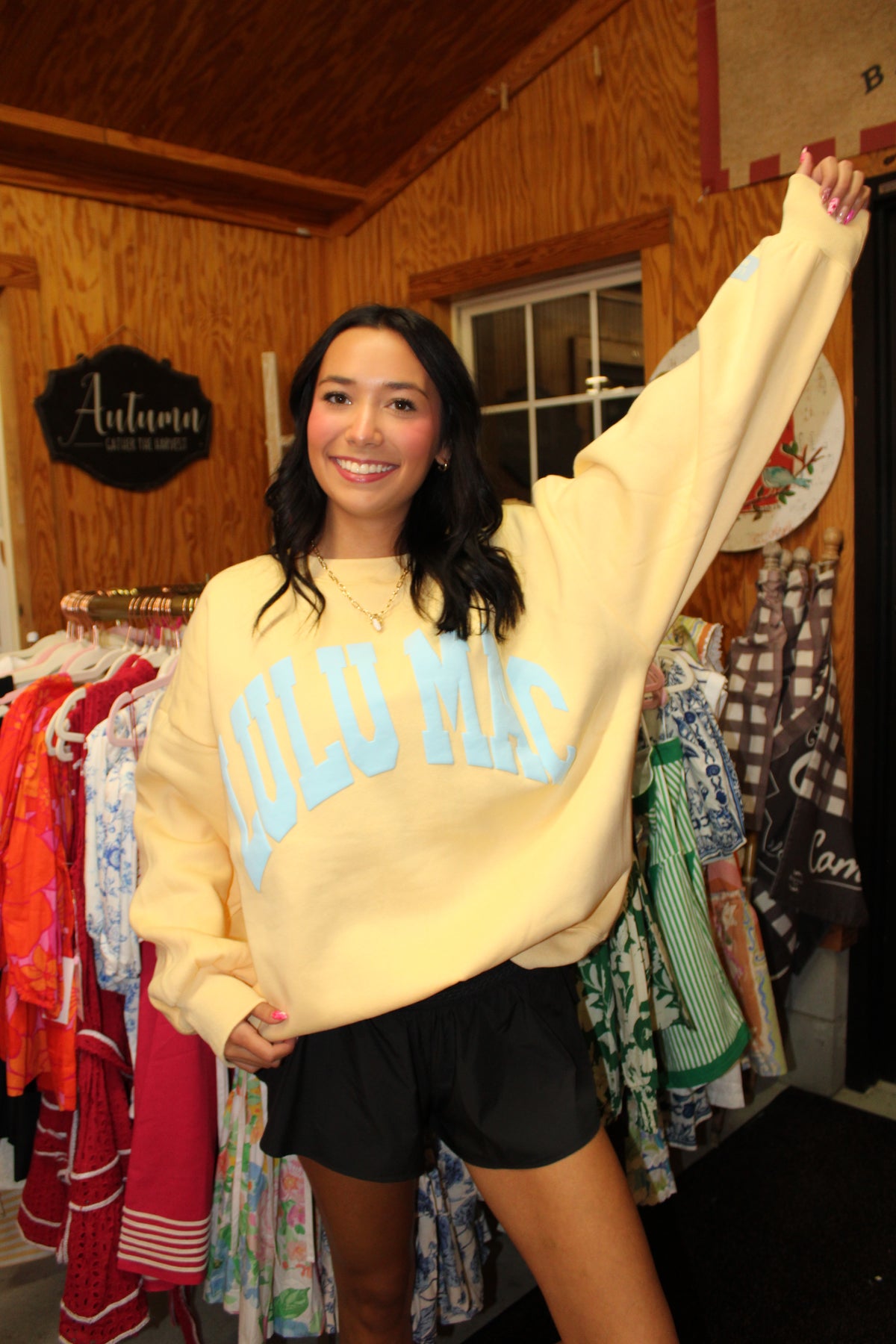 Yellow w/ Blue Letters Lulu Mac Crewneck