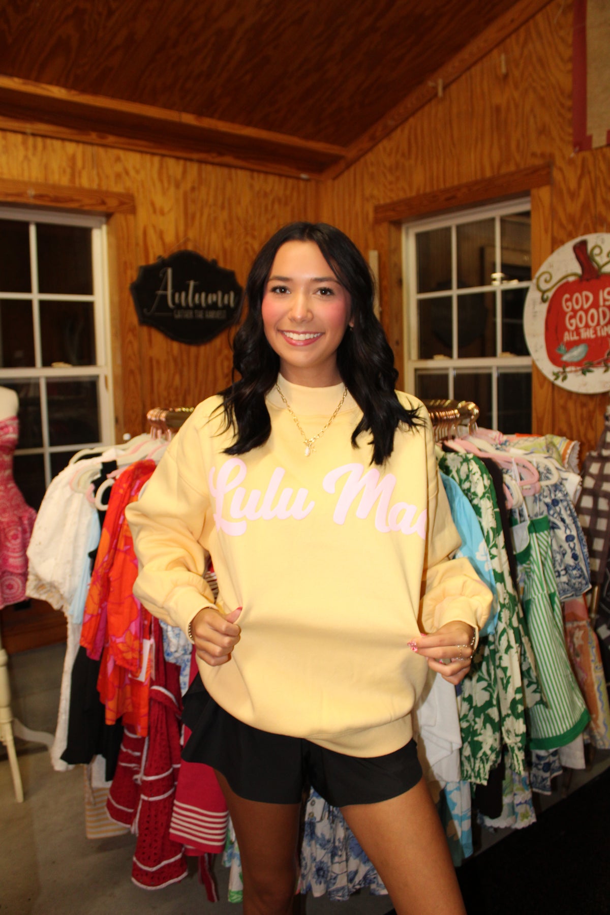 Yellow Lulu Mac Mockneck with Pink Letters