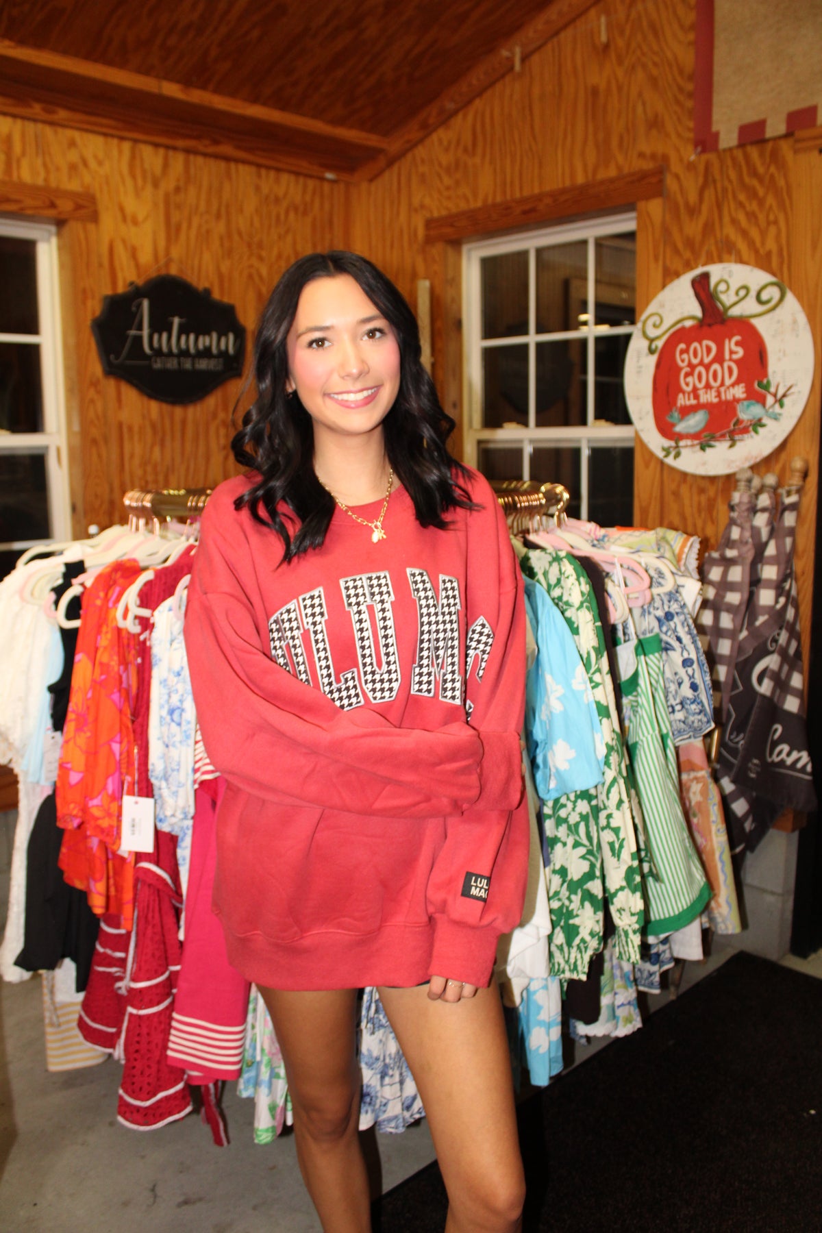 Crimson Houndstooth Lulu Mac Crewneck